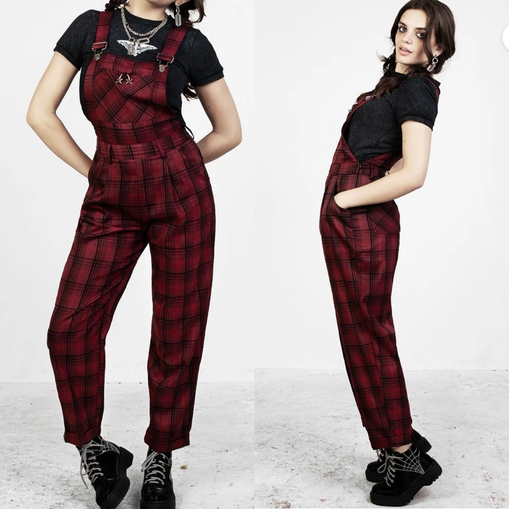 Disturbia Ferreira Mom Dungarees Buffalo Plaid Overalls Goth Grunge Punk Red - Picture 3 of 14